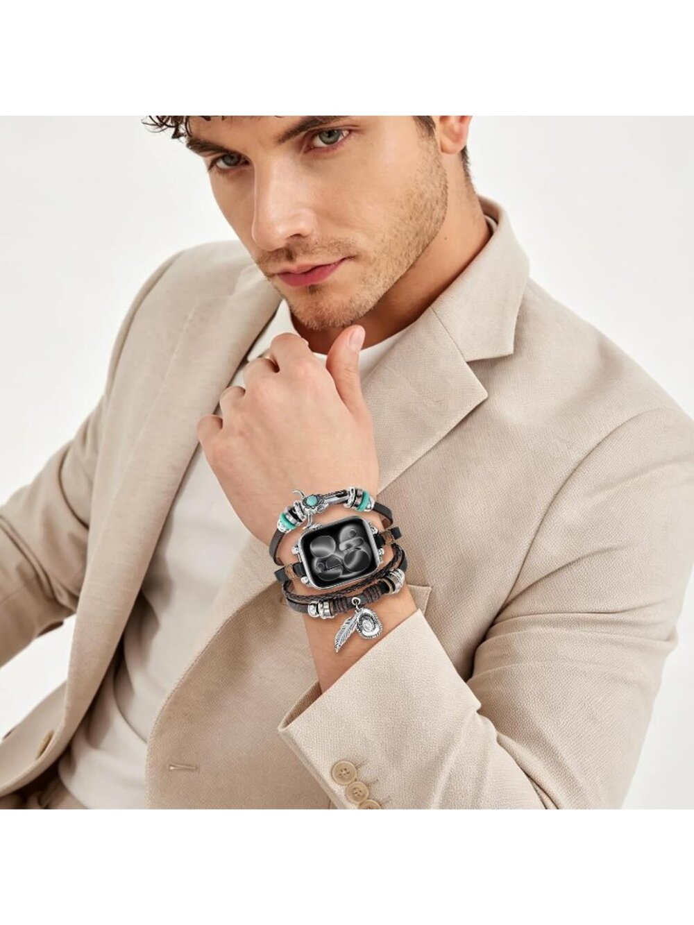 Unisex Hat Feather Beaded Boho Bracelet Compatible Leather Band with Apple Watch - Picture 5 of 5